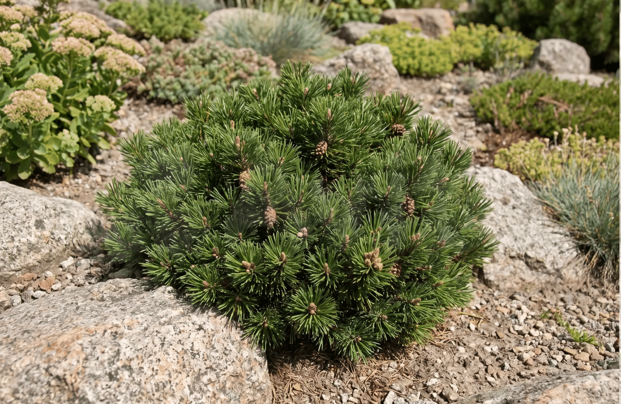 Low, rounded dwarf mugo pine with dense green needles growing in a sunny rock garden.