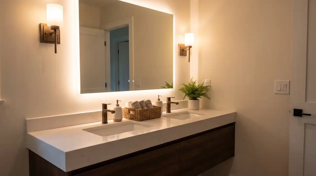 Bathroom vanity with warm lighting creating a brighter and inviting space.