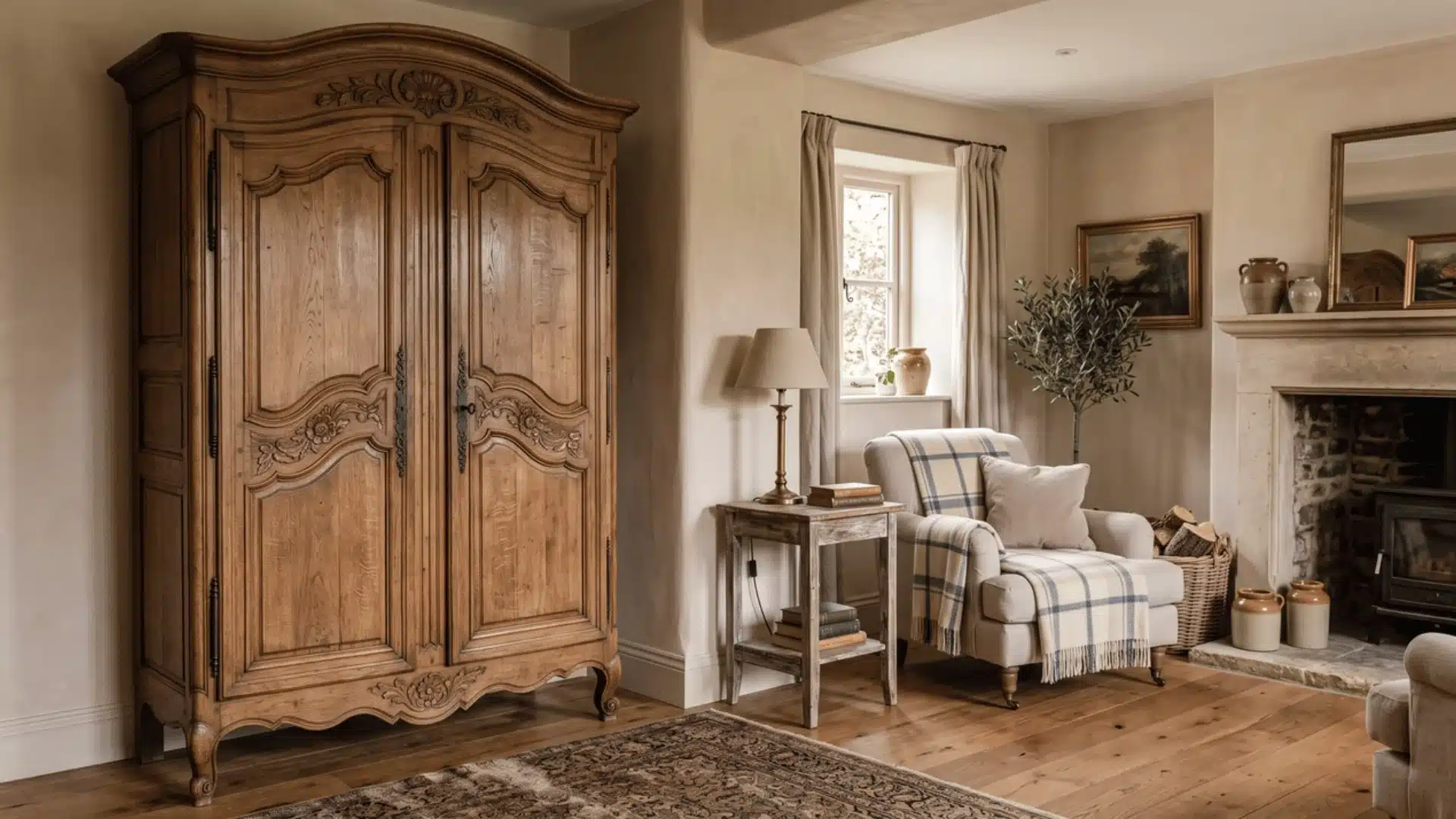 Full vintage French armoire against a wall in a living room