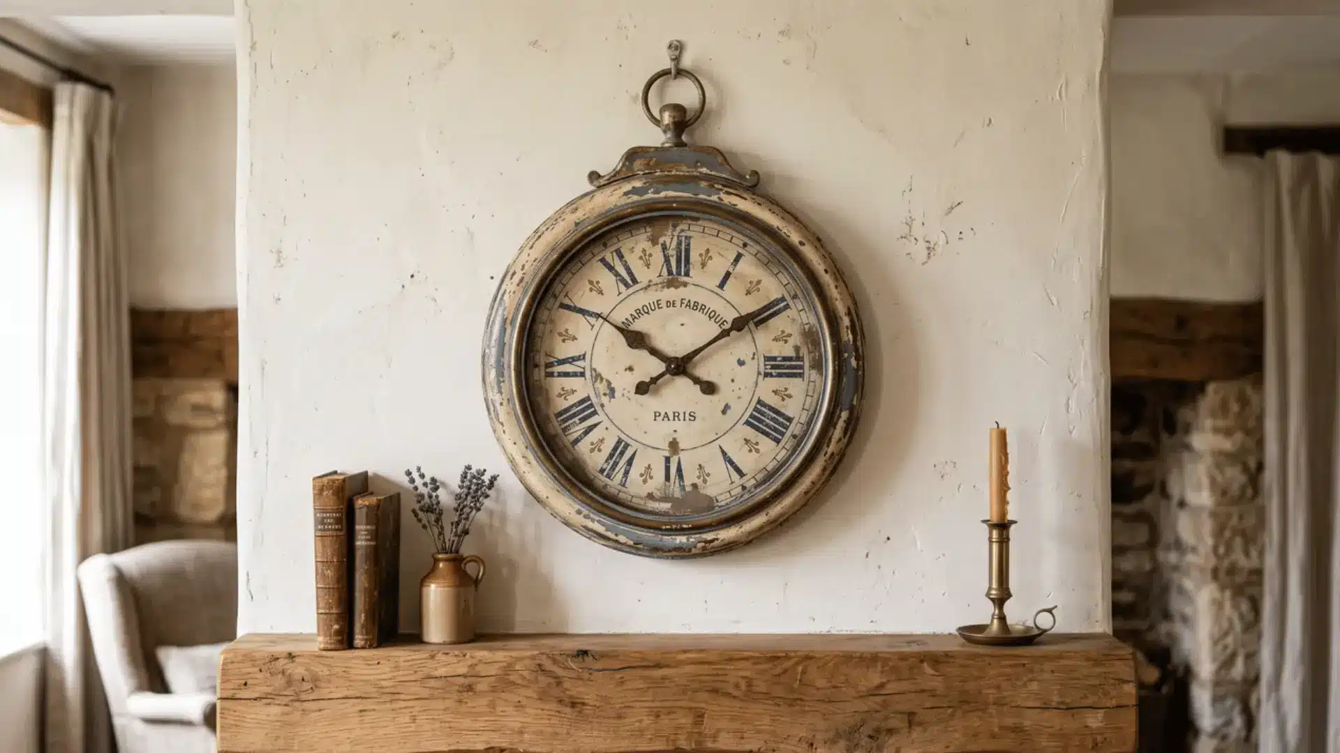 Vintage French clock above a console table in a living room