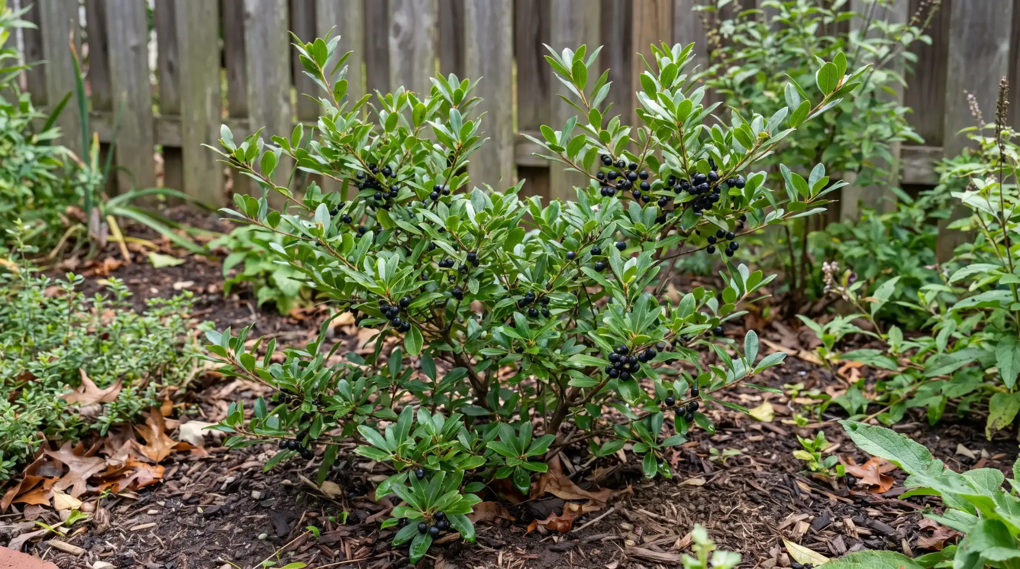Naturally shaped inkberry holly with small evergreen leaves and dark berries.