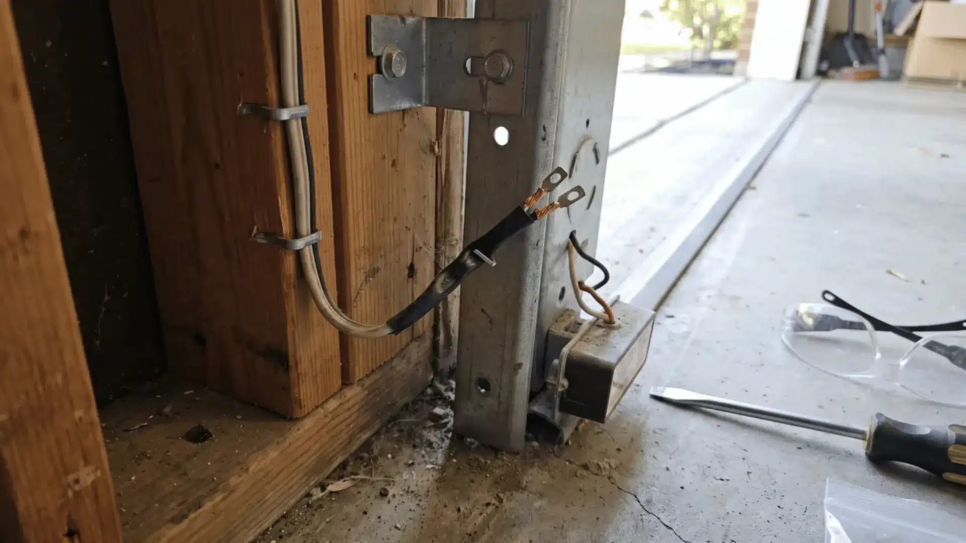 Garage door sensor wiring along the track with terminal connections and a pinched wire section