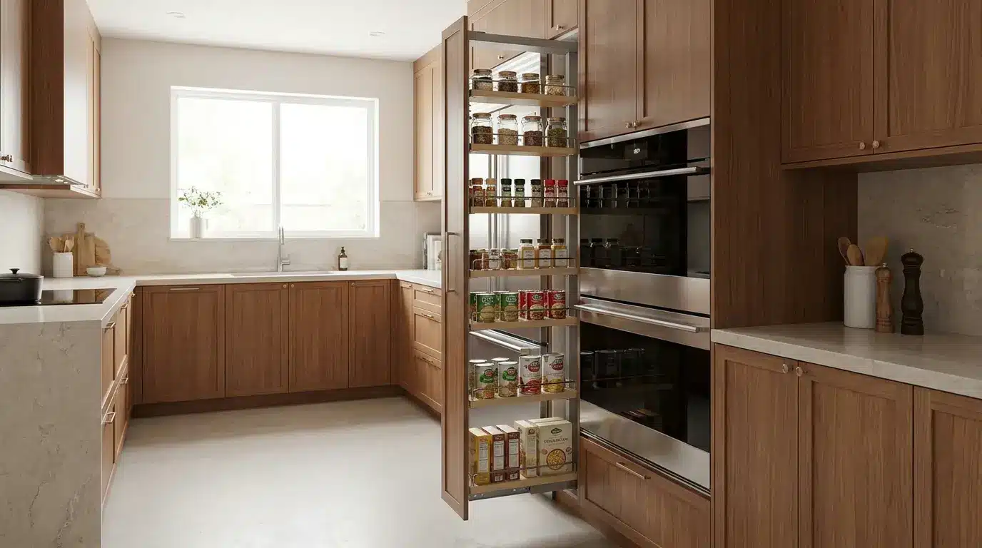 U-shaped kitchen with pull-out pantry storage for organized cabinet space
