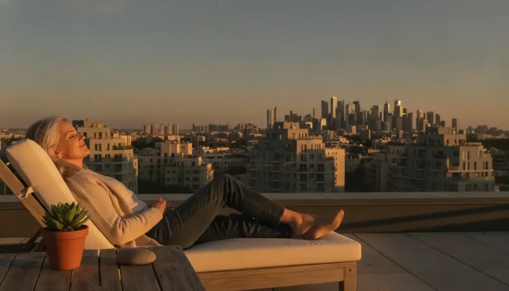 Woman relaxing on rooftop lounge chair at sunset with city skyline in background