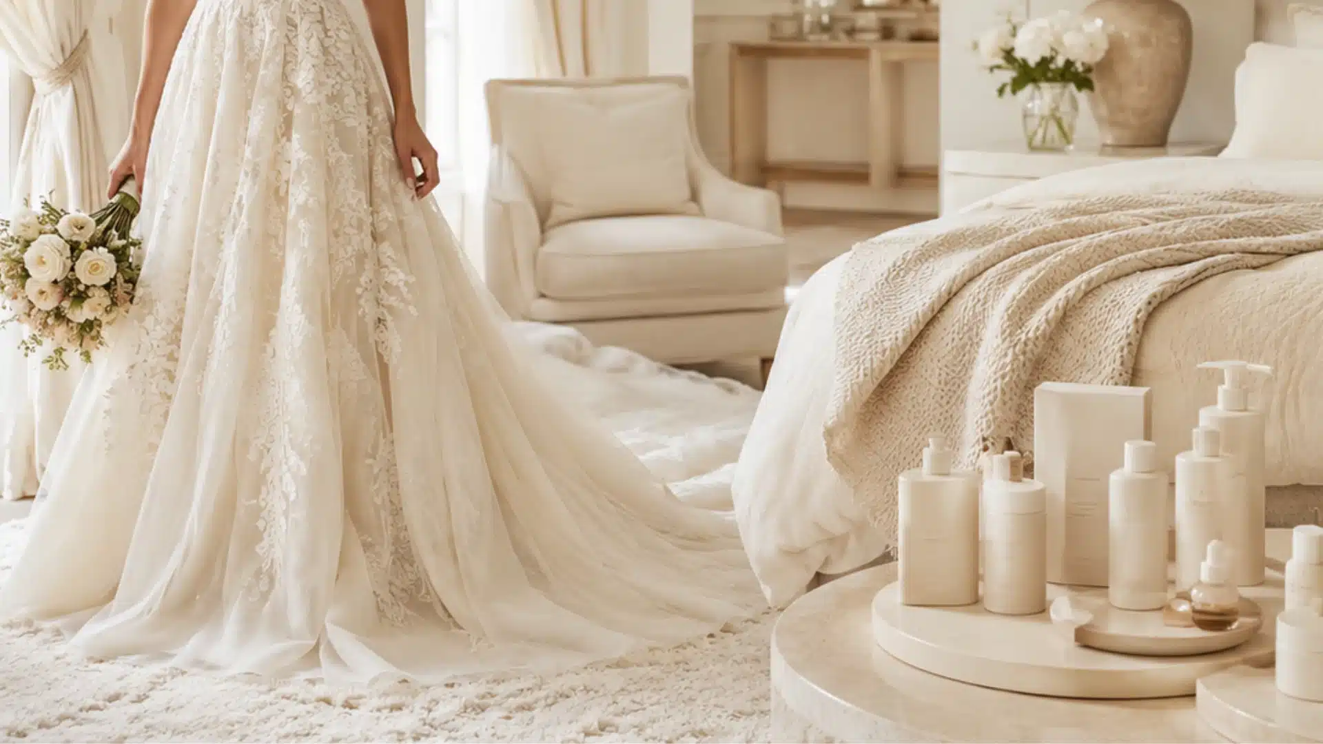Bride in an ivory gown beside cream bedding and minimalist ivory product packaging