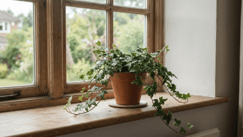 ivy plant in terracotta pot on wooden windowsill with trailing vines and natural light in cozy home interior