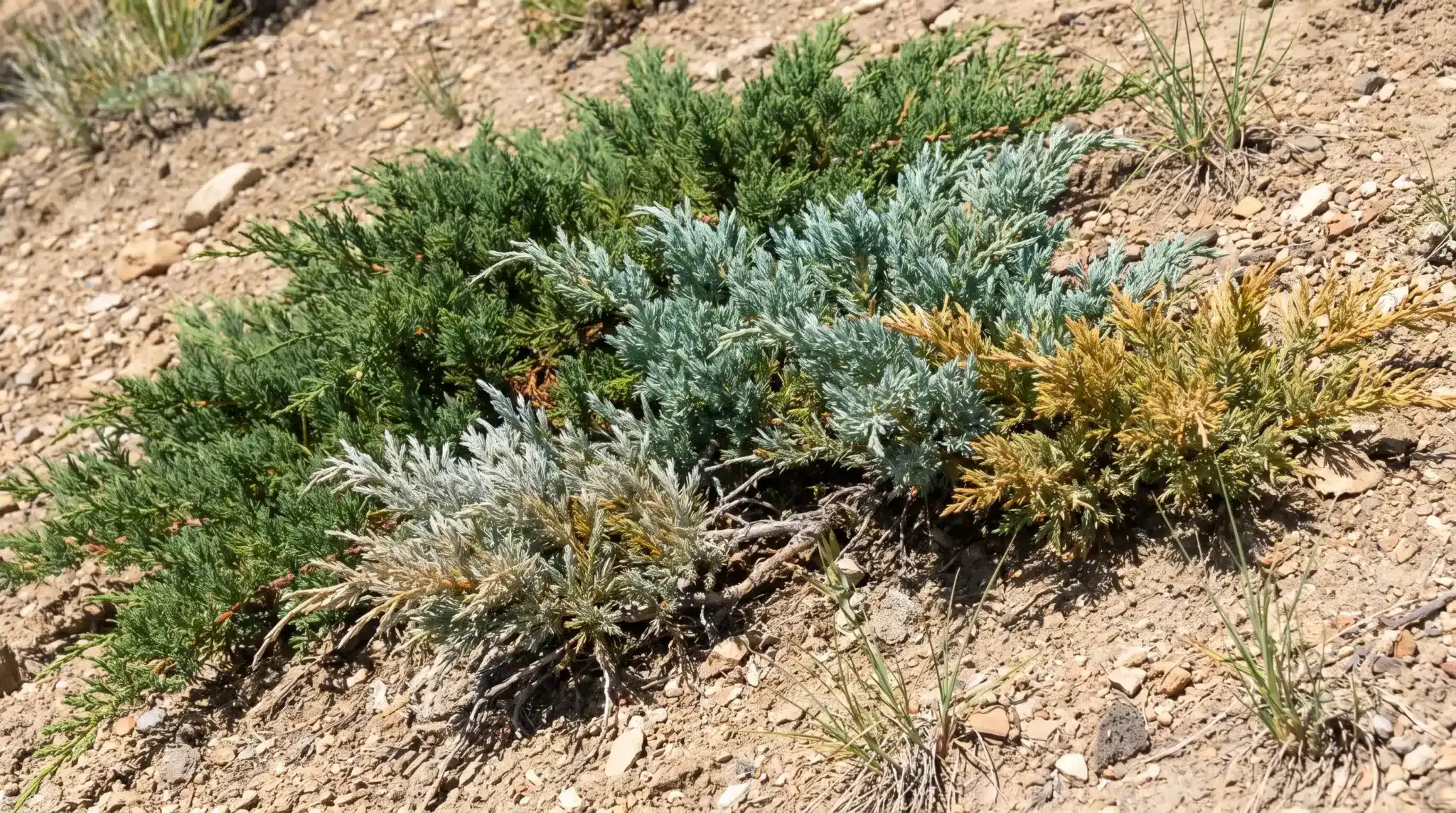 Spreading juniper shrubs with varied foliage colors growing in sunny, well-drained soil.