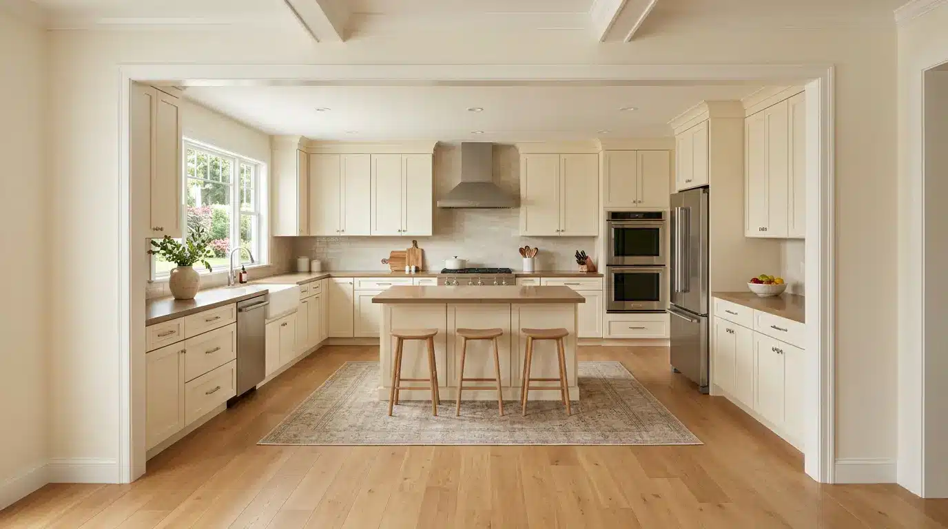 U-shaped kitchen with open entry space for better movement flow