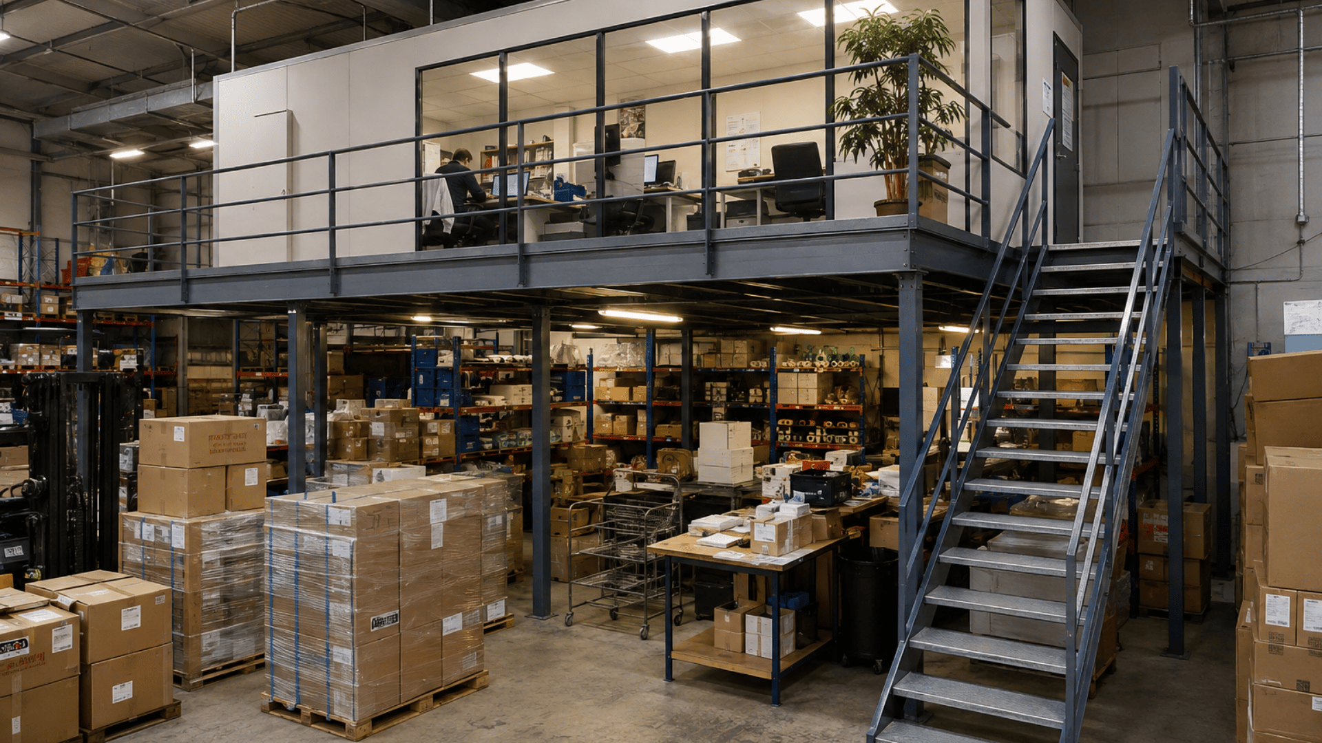 realistic warehouse mezzanine office above storage racks pallets packing tables and an industrial staircase