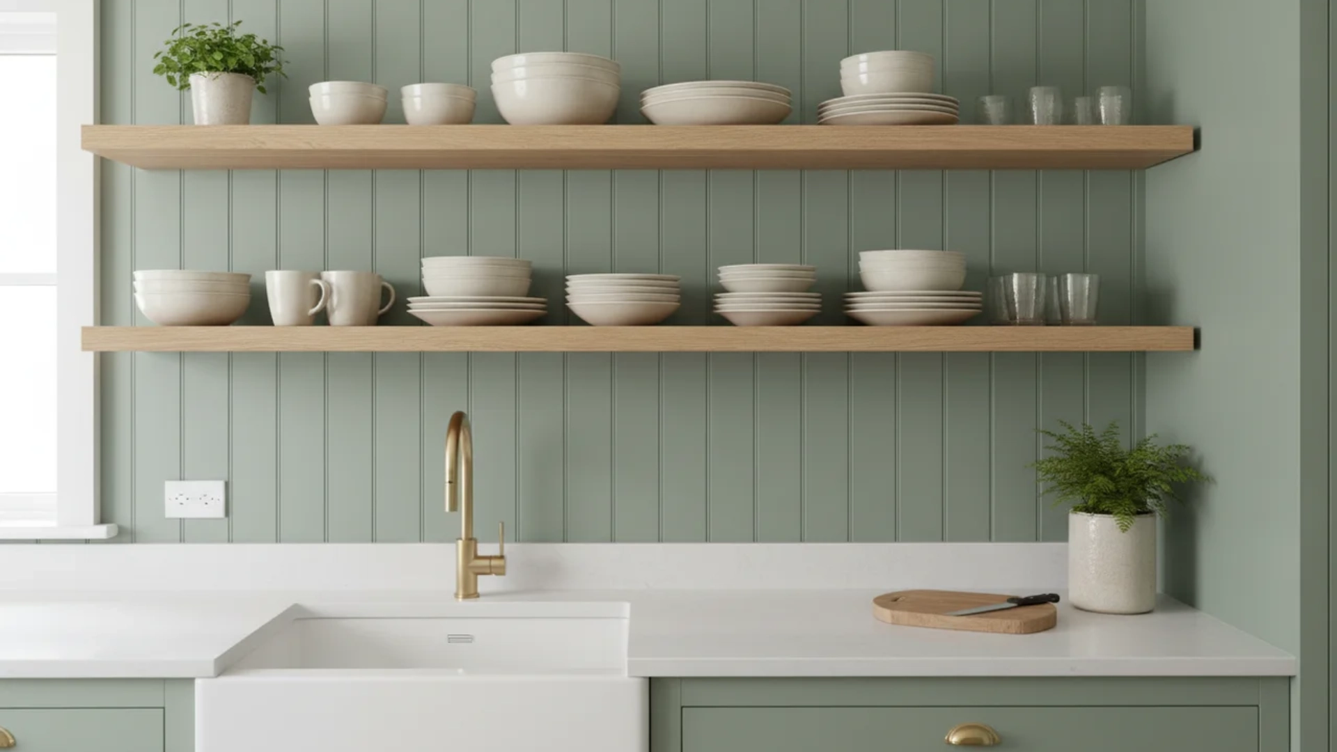 board and batten wall behind open kitchen shelving