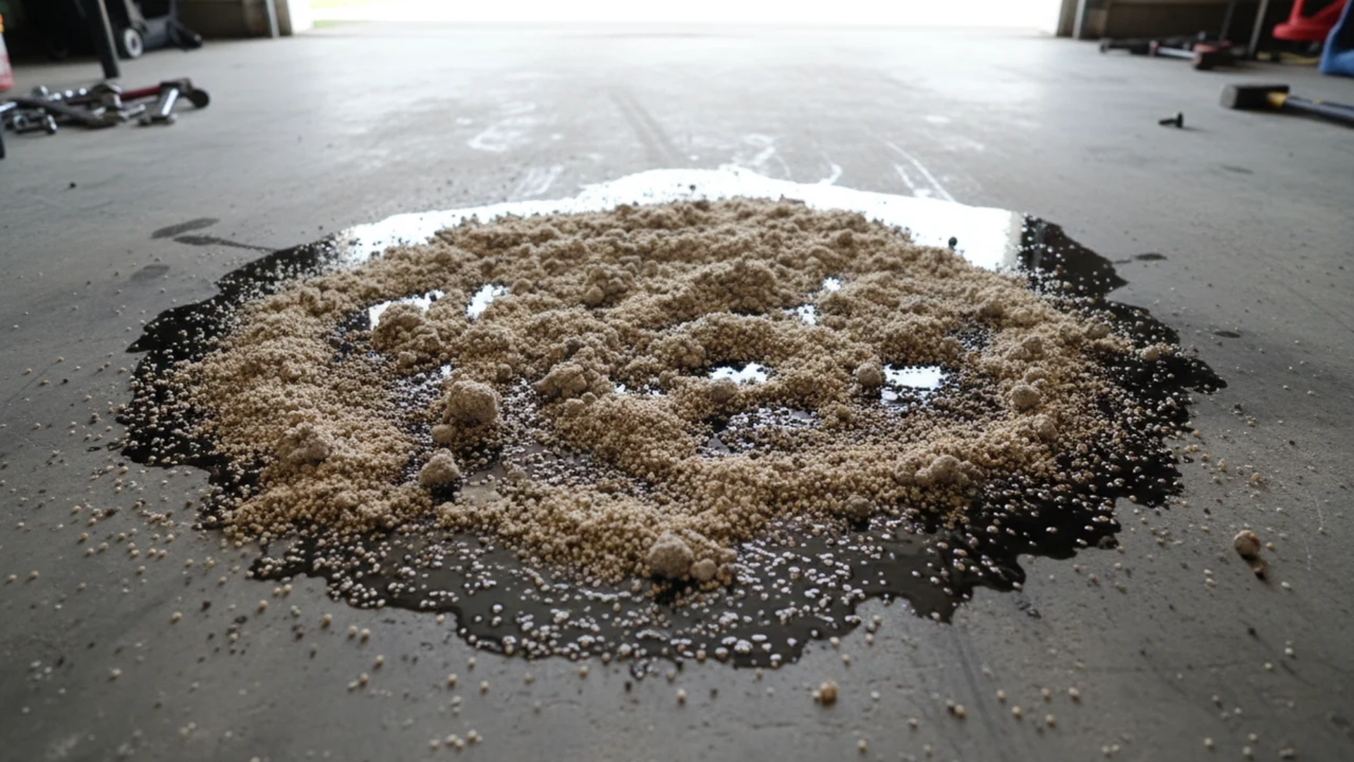 Granular absorbent material spread over a fresh liquid oil spill on garage concrete.
