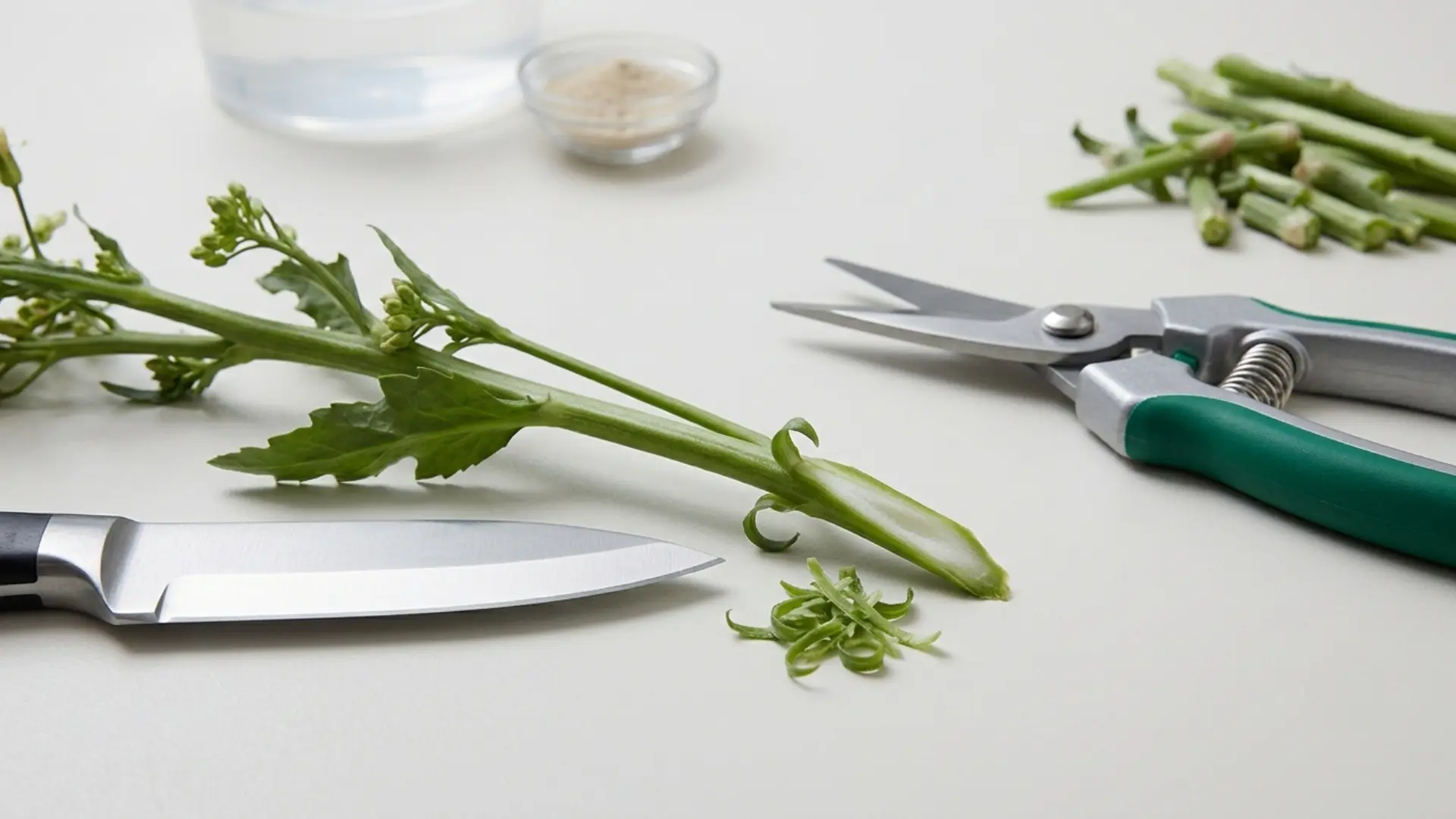 Sharp knife and scissors beside a flower stem
