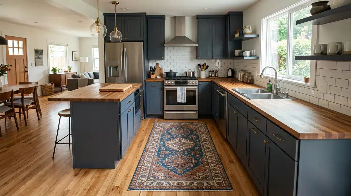 U-shaped kitchen with runner rug defining the cooking area