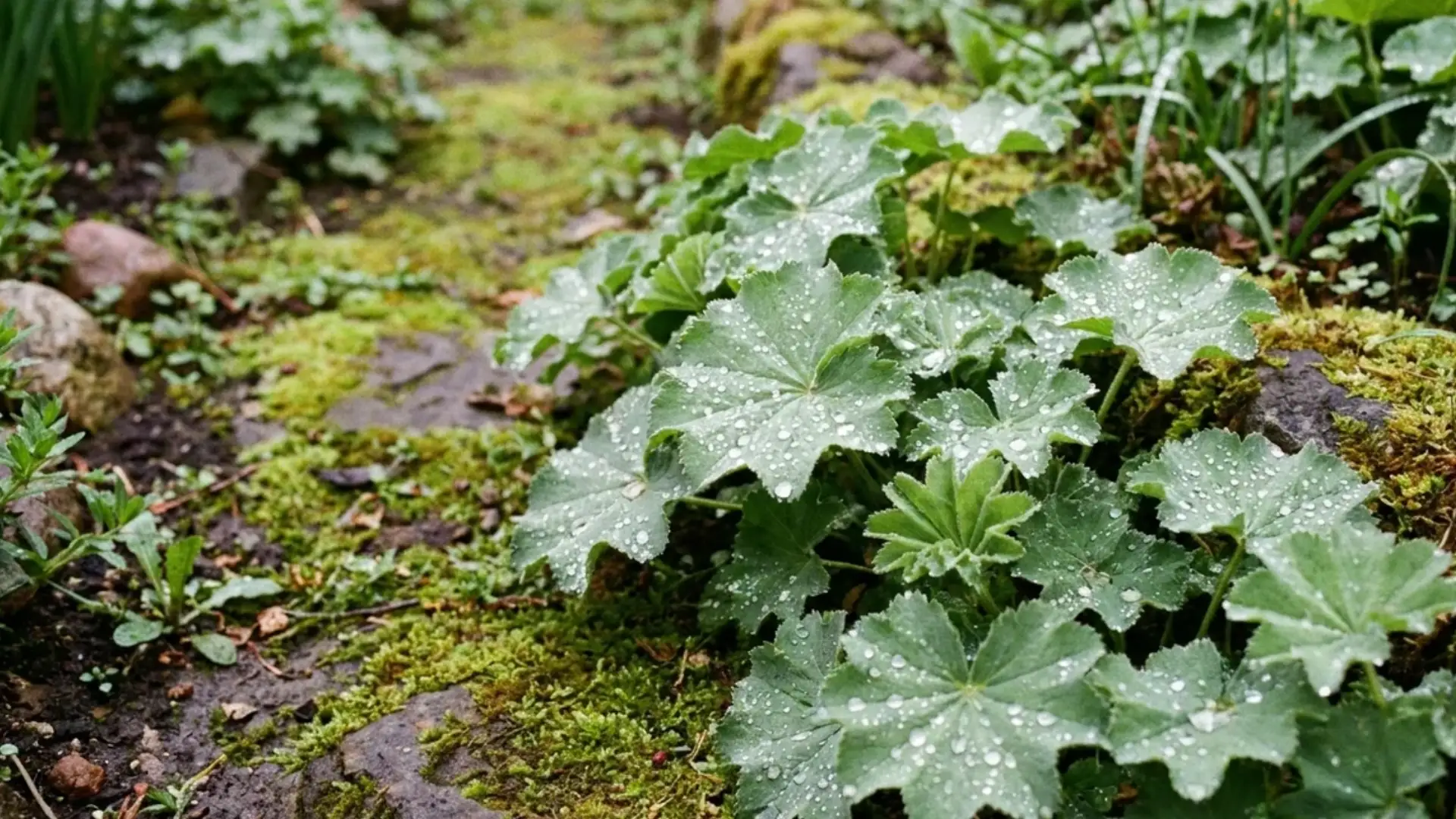Lady's mantle leaves with water droplets growing along a garden edge