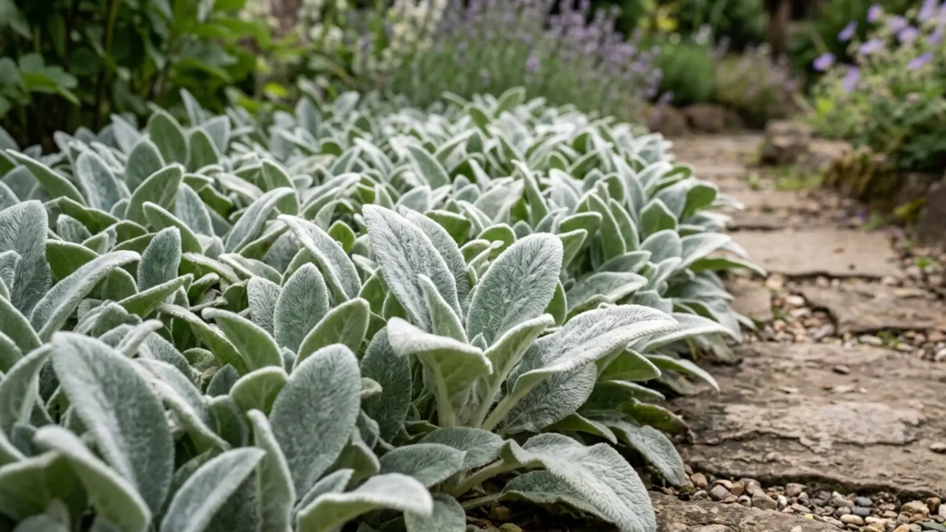Silvery fuzzy lamb's ear leaves growing low along a garden path