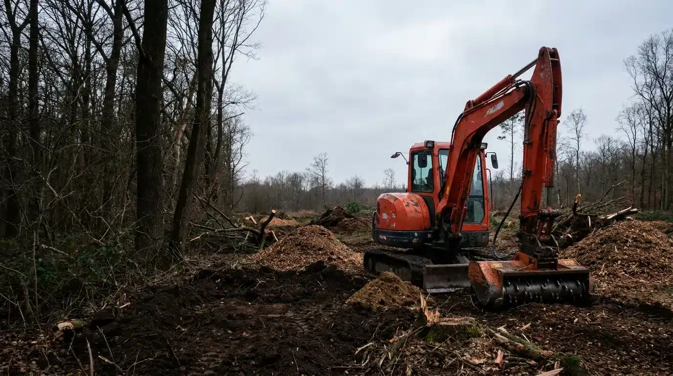 Excavator clearing trees in a forested area under overcast sky
