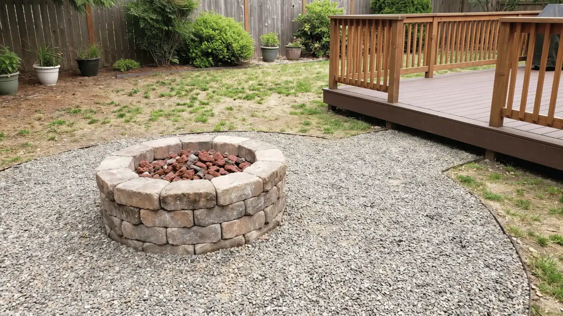 Landscape-block fire pit filled with lava rock on a gravel pad separated from a wood deck