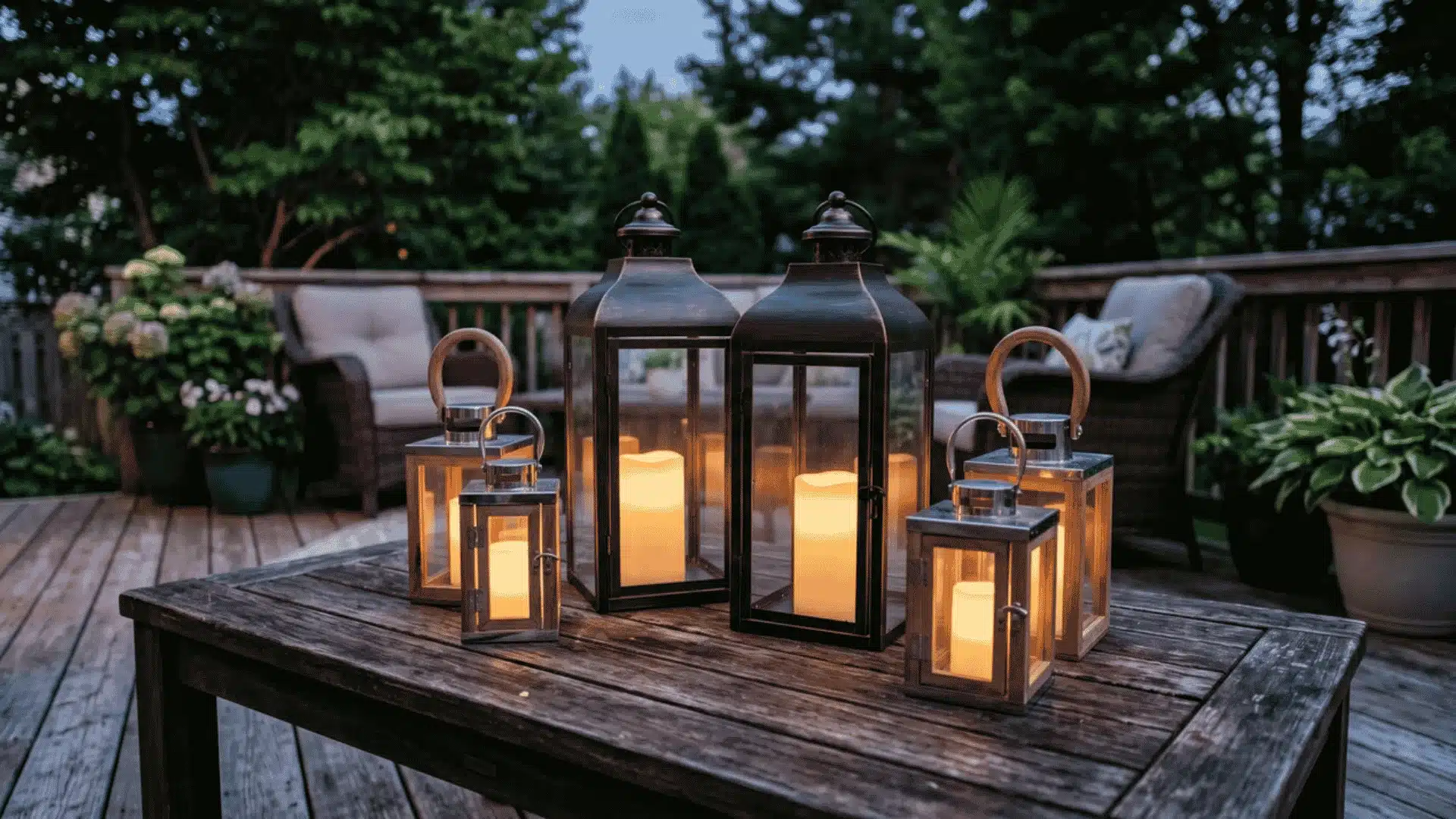 Lanterns with flameless candles grouped on an outdoor deck table