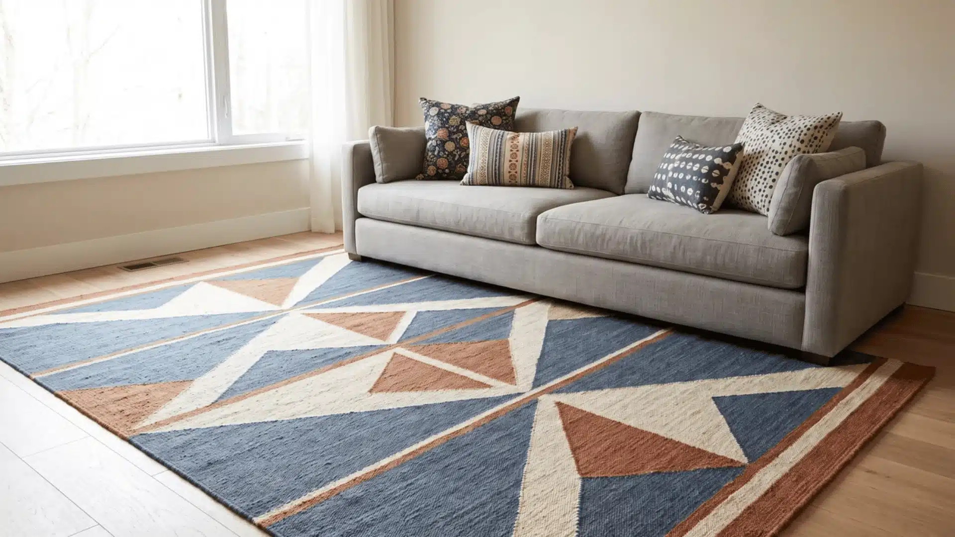 Large geometric rug paired with smaller printed cushions on a clean-lined sofa