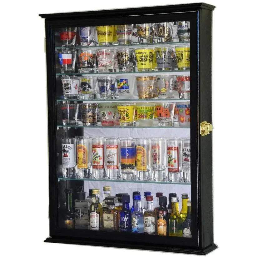Collector's cabinet displaying assorted shot glasses and miniature liquor bottles in glass-enclosed wooden case