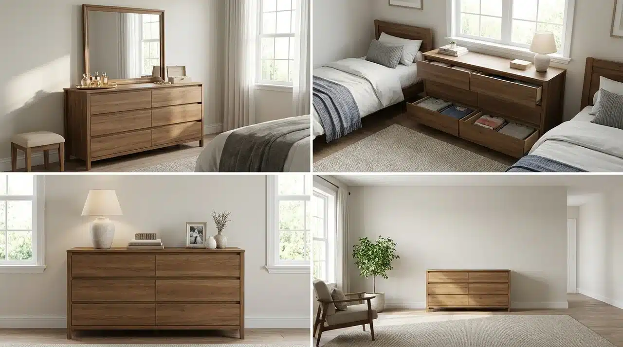 Dresser used in master bedroom, shared bedroom, guest room, and open layout spaces.