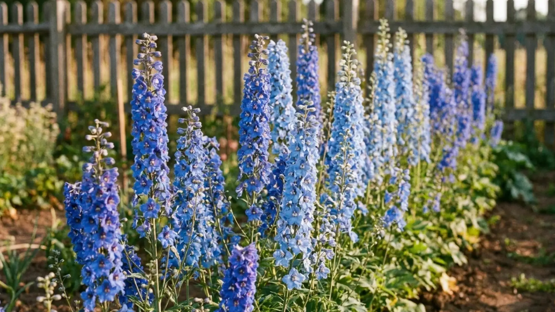 Tall blue larkspur spikes growing in a sunny cutting garden row