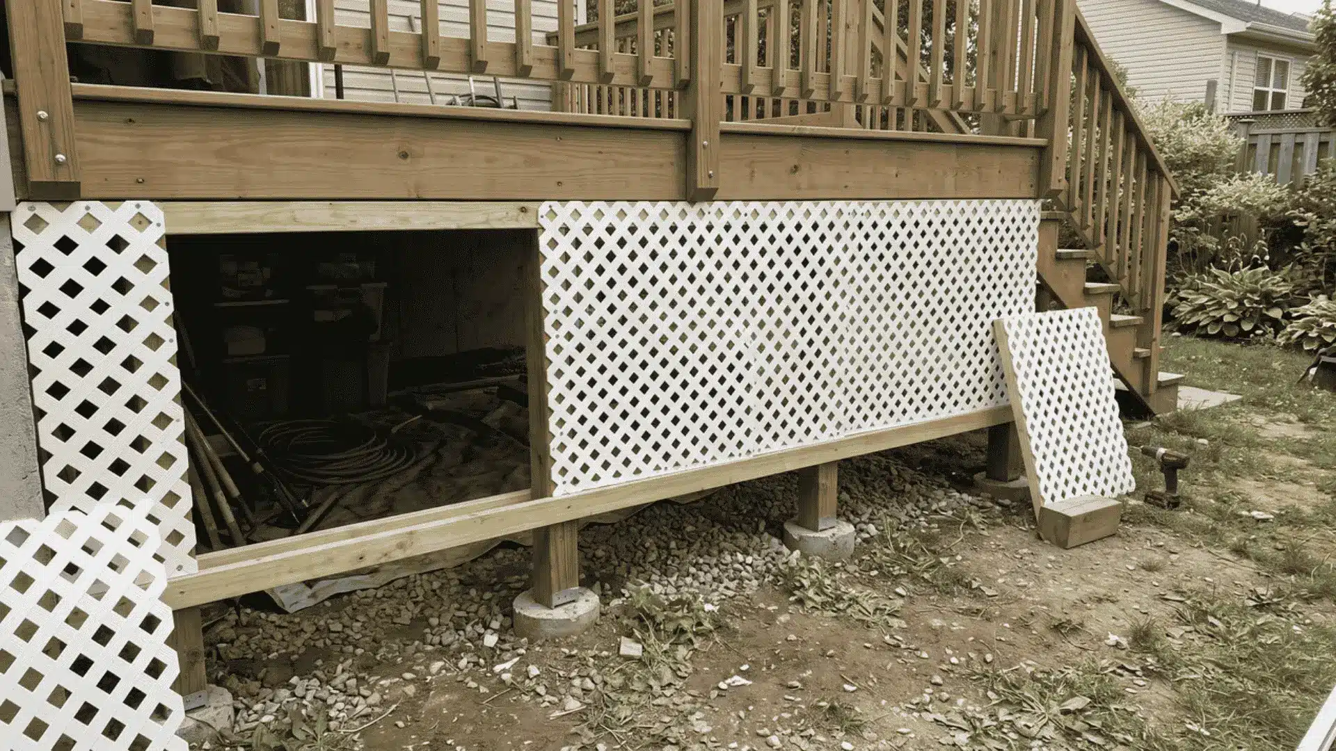 Lattice panels forming a skirt around the open underside of a wooden deck