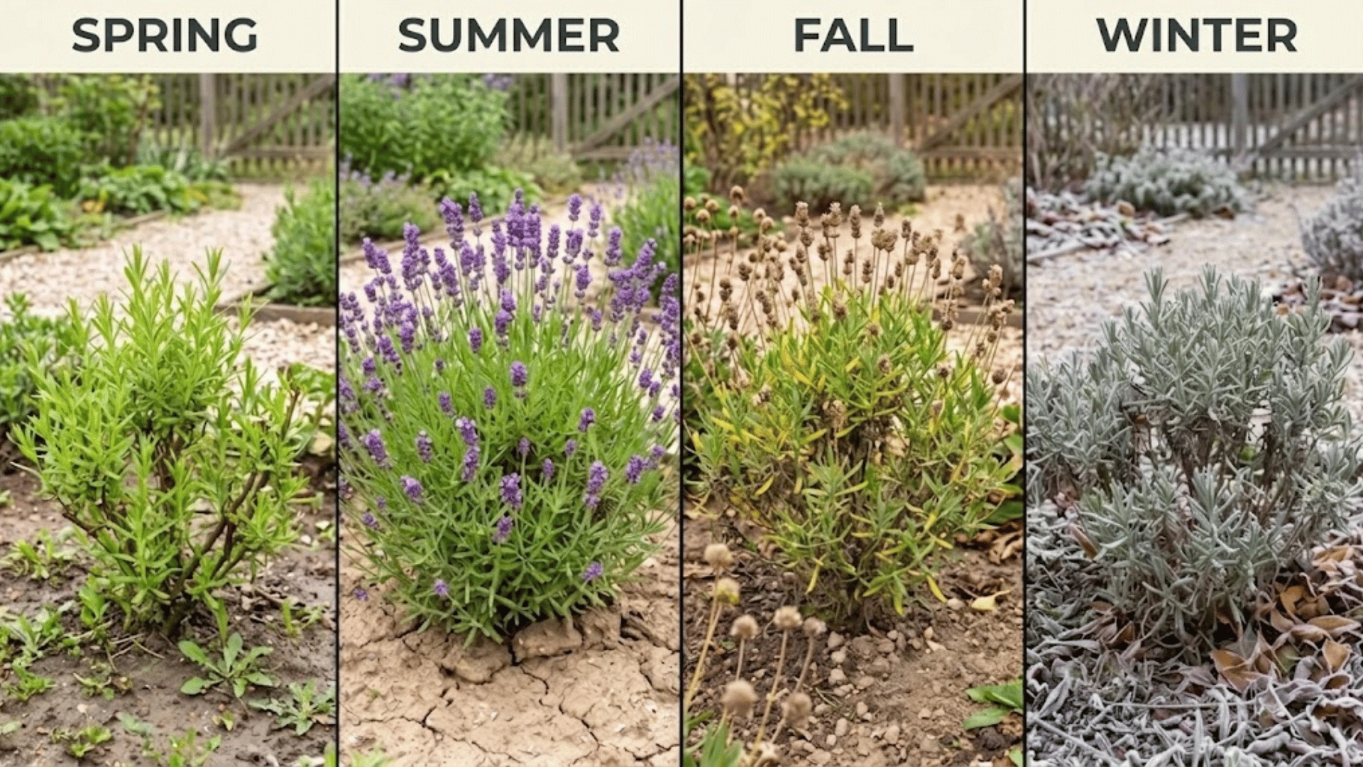 Lavender plant shown in spring, summer, fall, and winter across four vertical panels