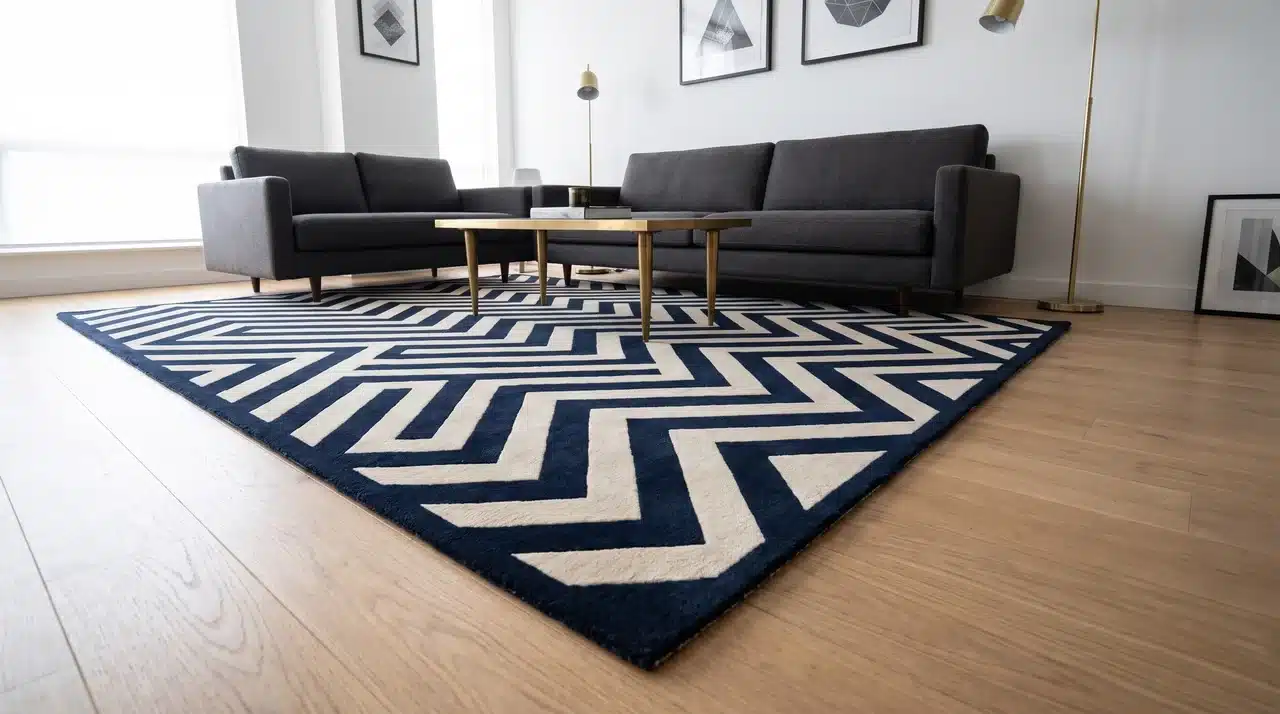 Bold navy and cream Art Deco chevron rug beneath a charcoal sofa and brass coffee table on light oak flooring