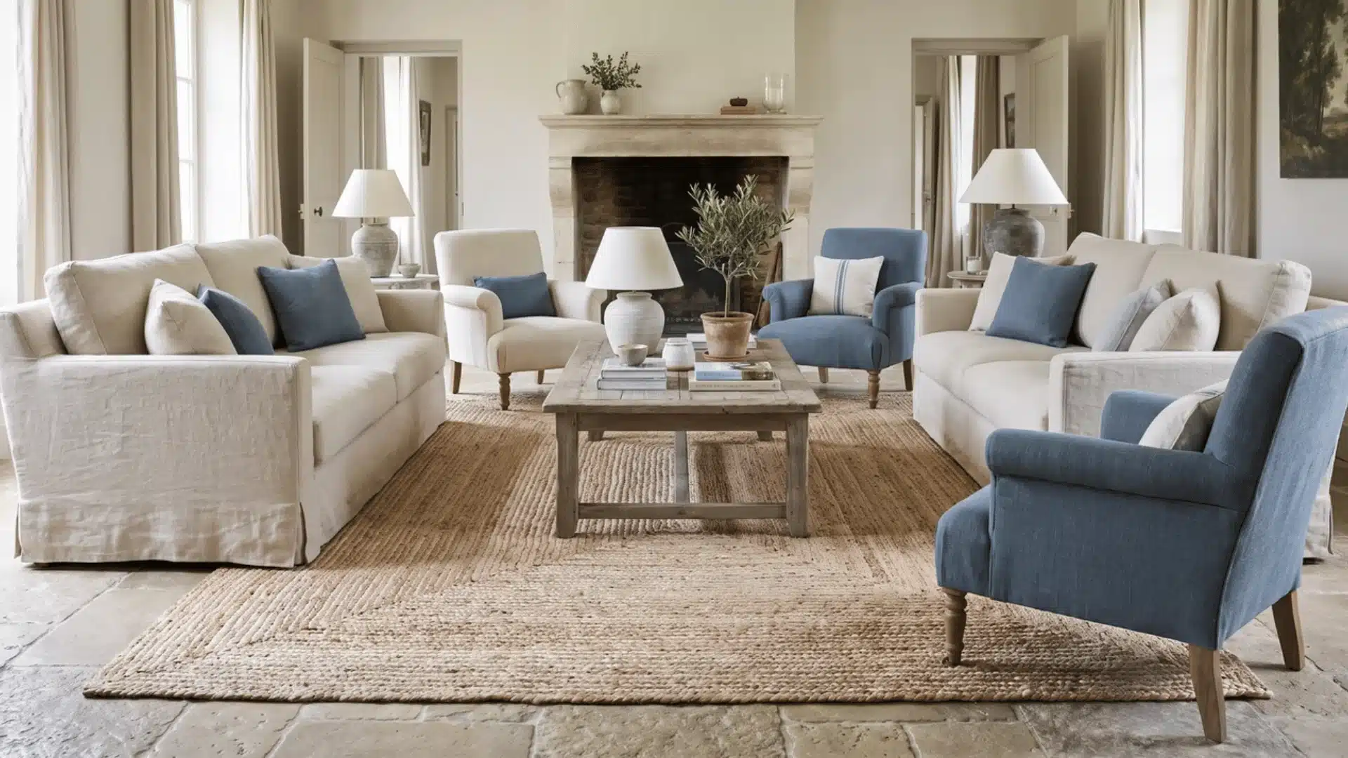 Jute rug layered over stone flooring in a French country living room
