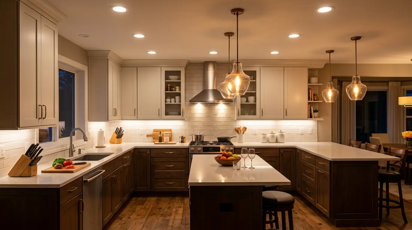 U-shaped kitchen with layered lighting across cabinets and work areas