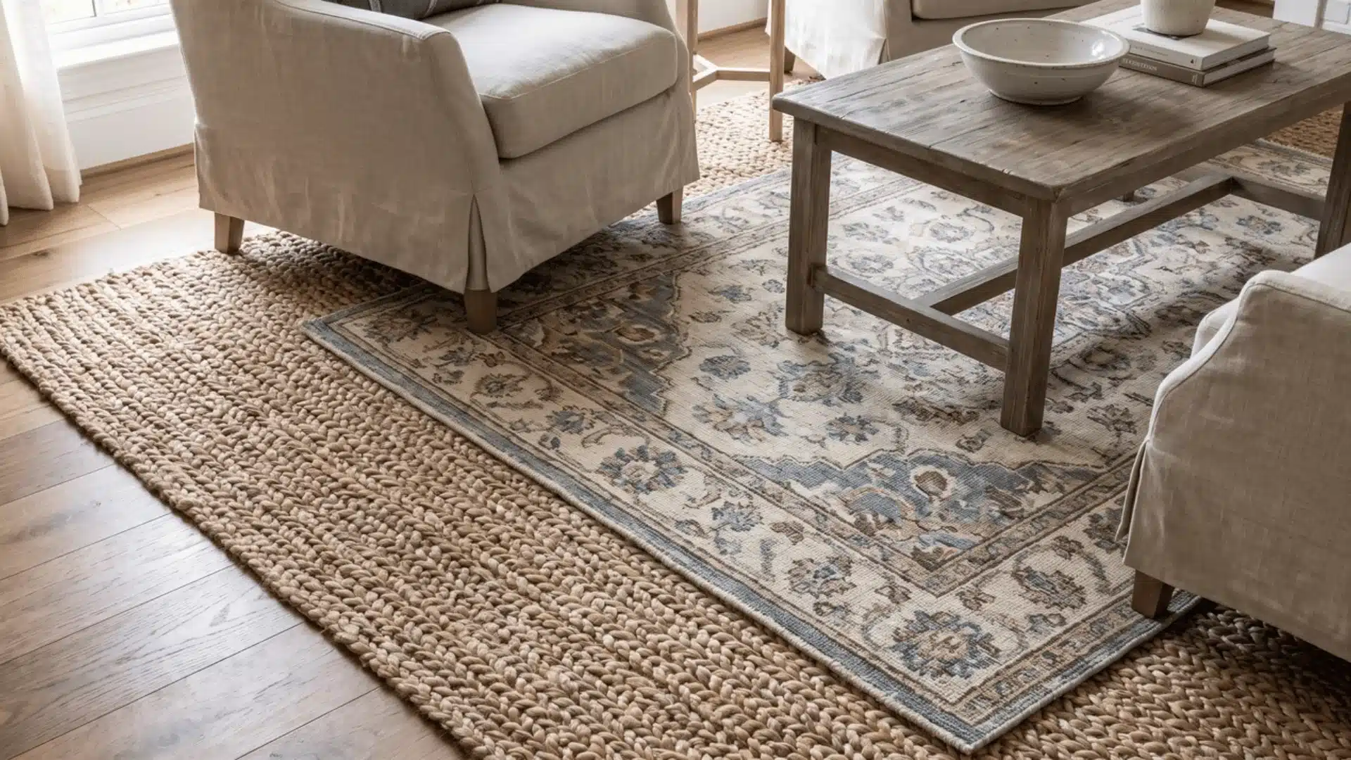 Layered flat-weave and jute rugs in a French country living room
