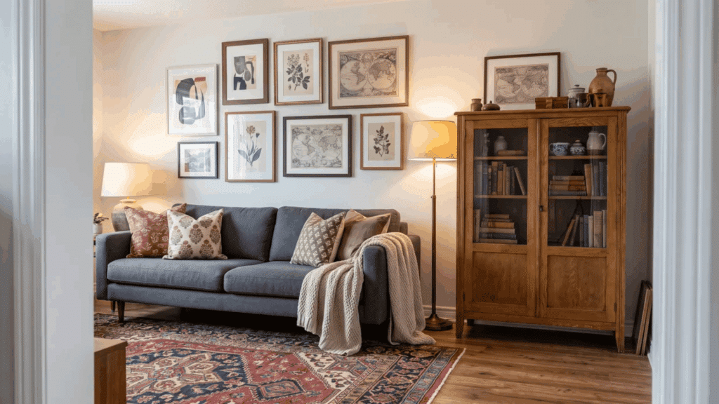 Cozy eclectic living room with a modern sofa, vintage cabinet, patterned rug, gallery wall, lamps, and collected objects
