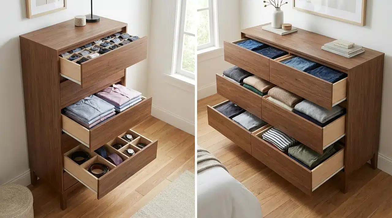Open chest of drawers and dresser showing different drawer layouts for clothing storage.