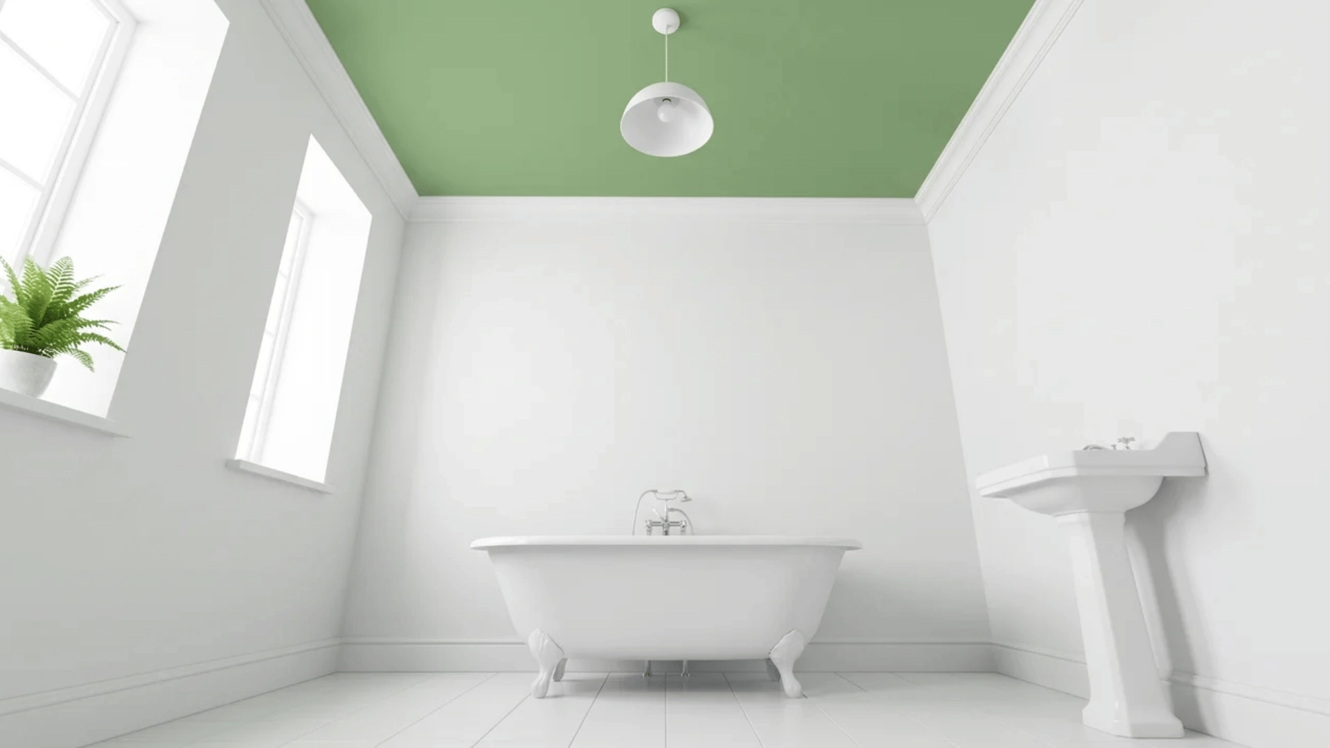 White bathroom with leaf green painted ceiling
