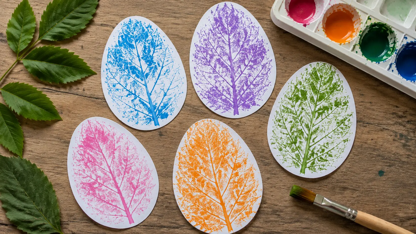 Leaf print Easter eggs on paper