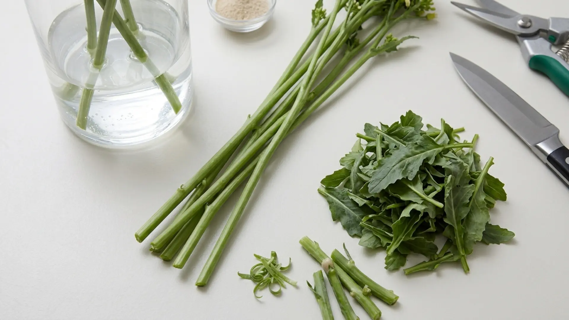 Flower stems with lower leaves removed before vase placement