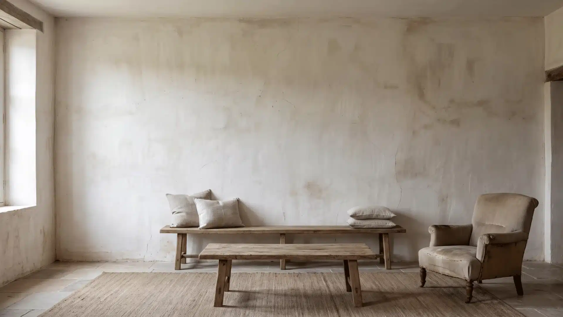 Bare textured plaster wall in a French country living room