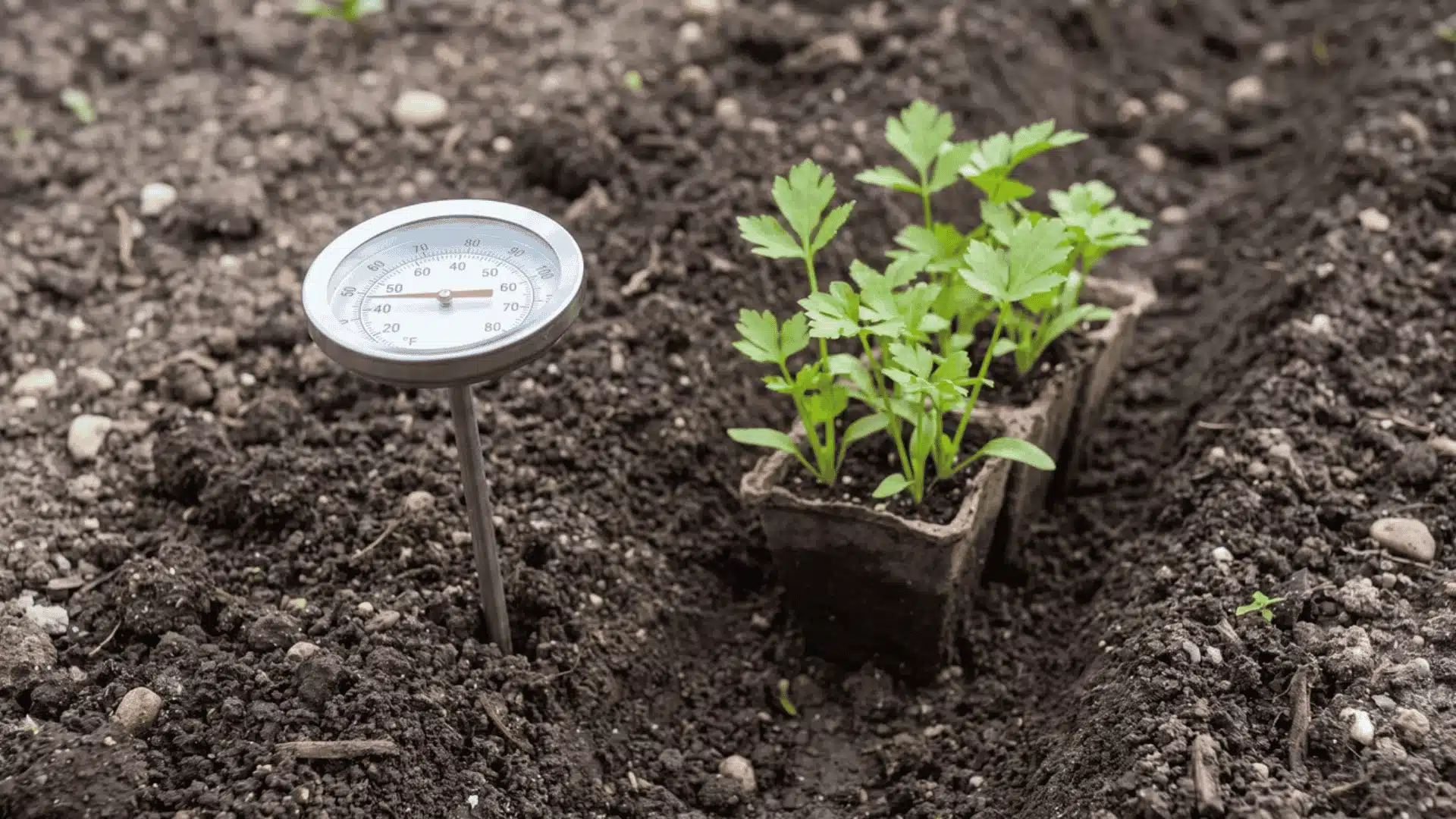 Soil thermometer checking garden soil temperature near celery seedlings