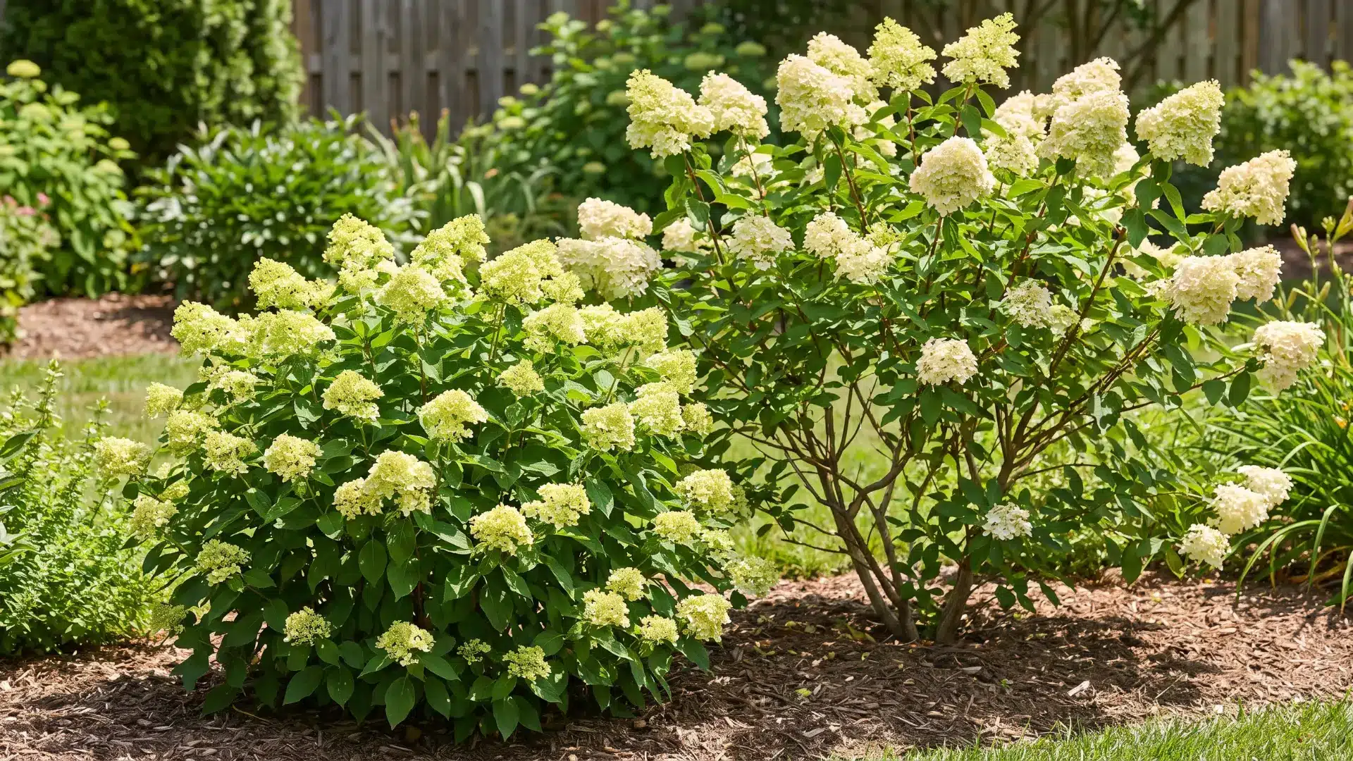 Two mature Little Lime hydrangeas showing different shrub sizes and densities caused by different pruning levels.