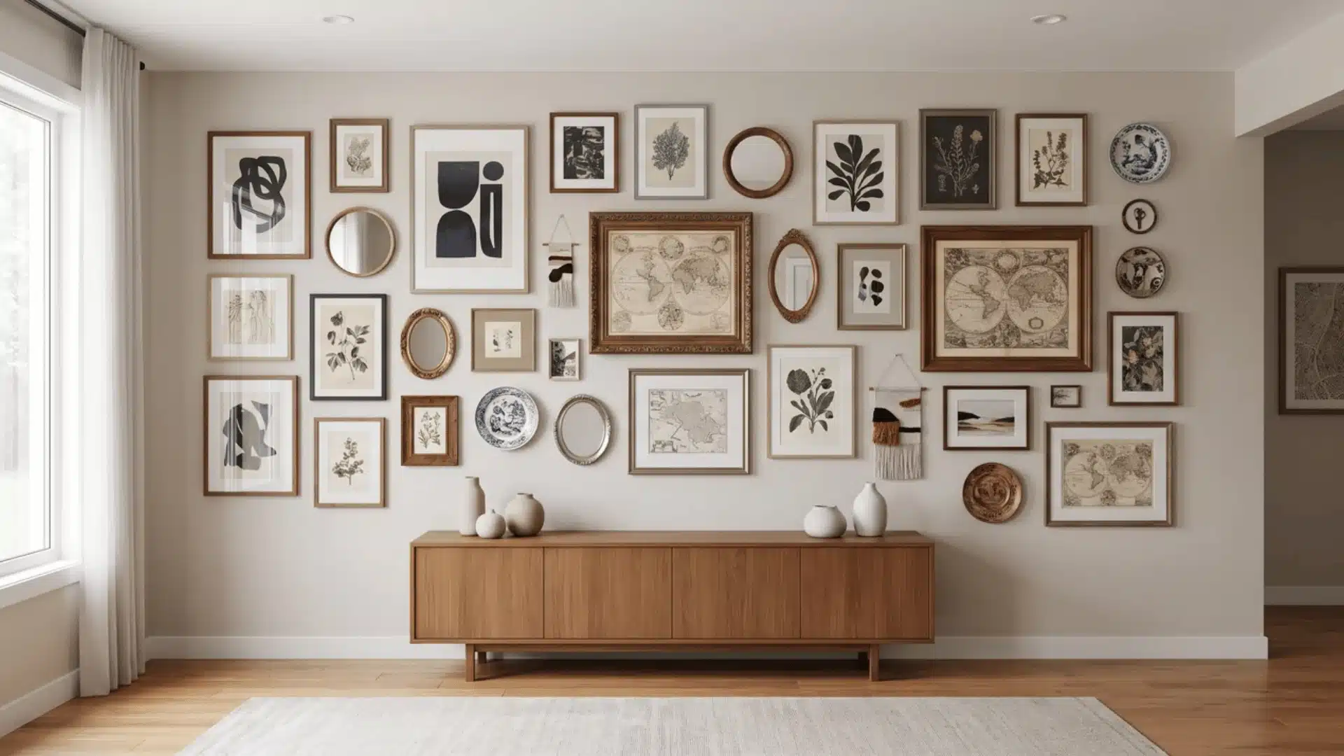 Living room gallery wall with mixed framed art, mirrors, and small objects arranged with even spacing