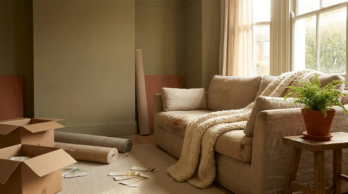Cozy living room with beige sofa, open boxes, fabric samples, and potted fern by large window