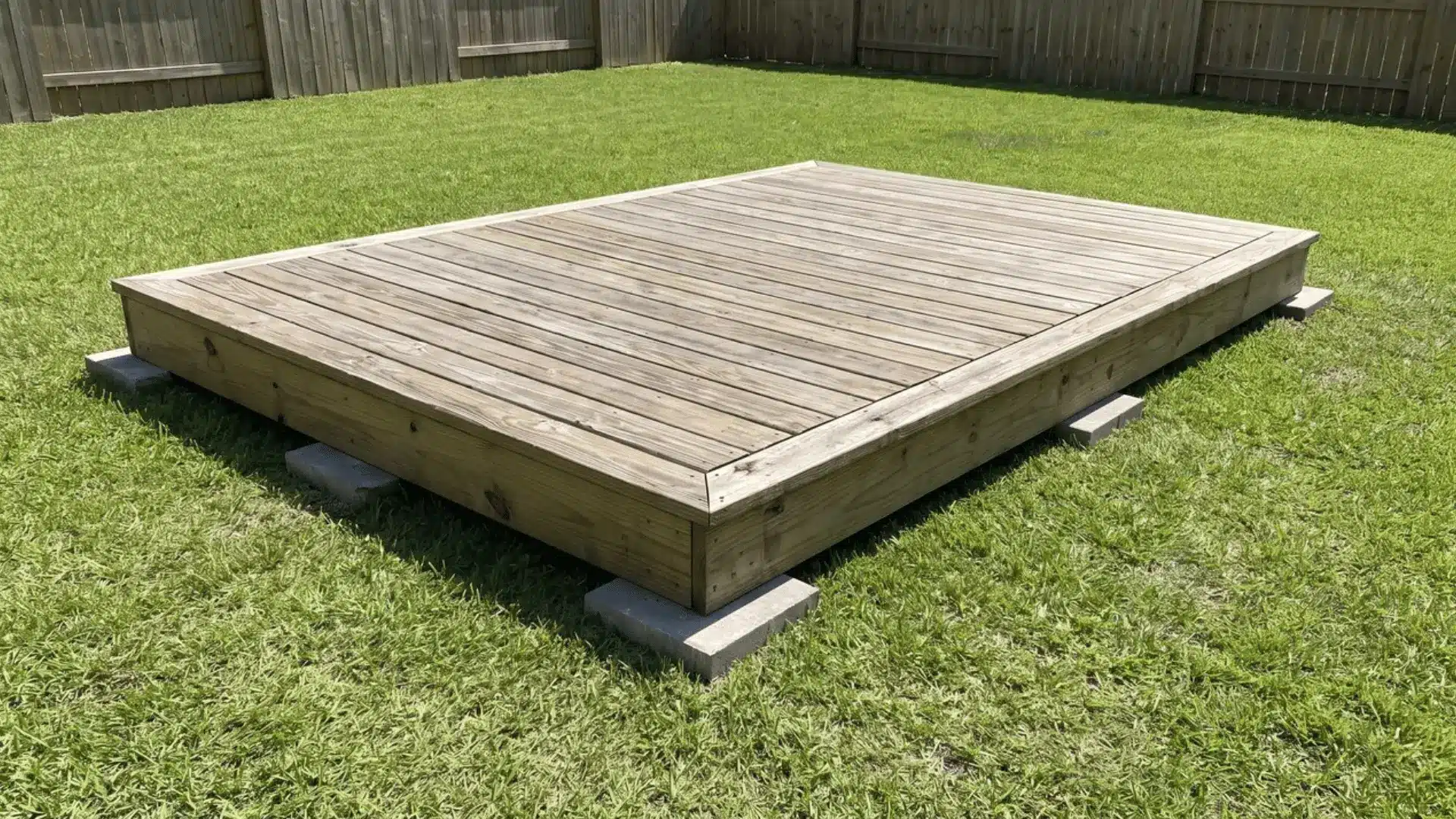 Low wooden floating deck resting on surface blocks in a flat backyard