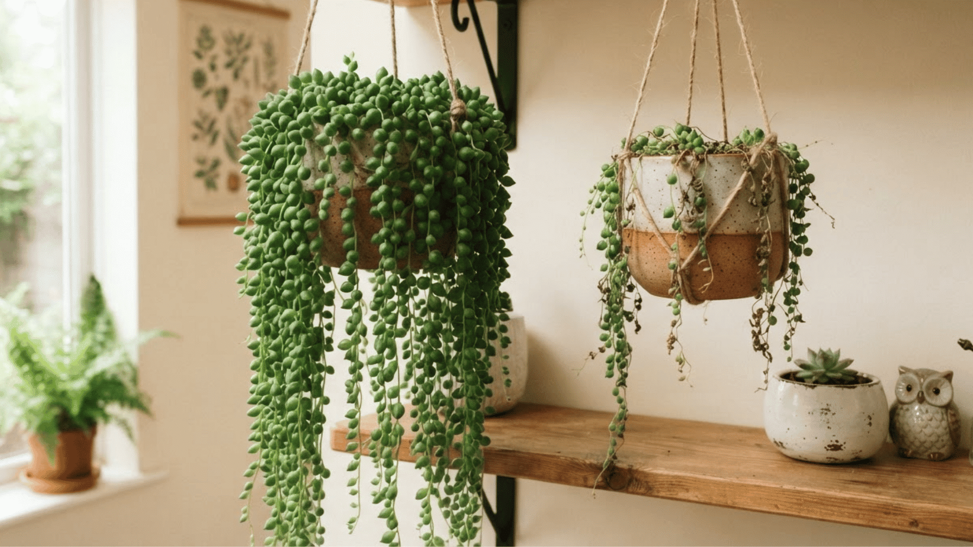 lush string of pearls succulent beside a sparse damaged plant with exposed soil in a hanging terracotta pot