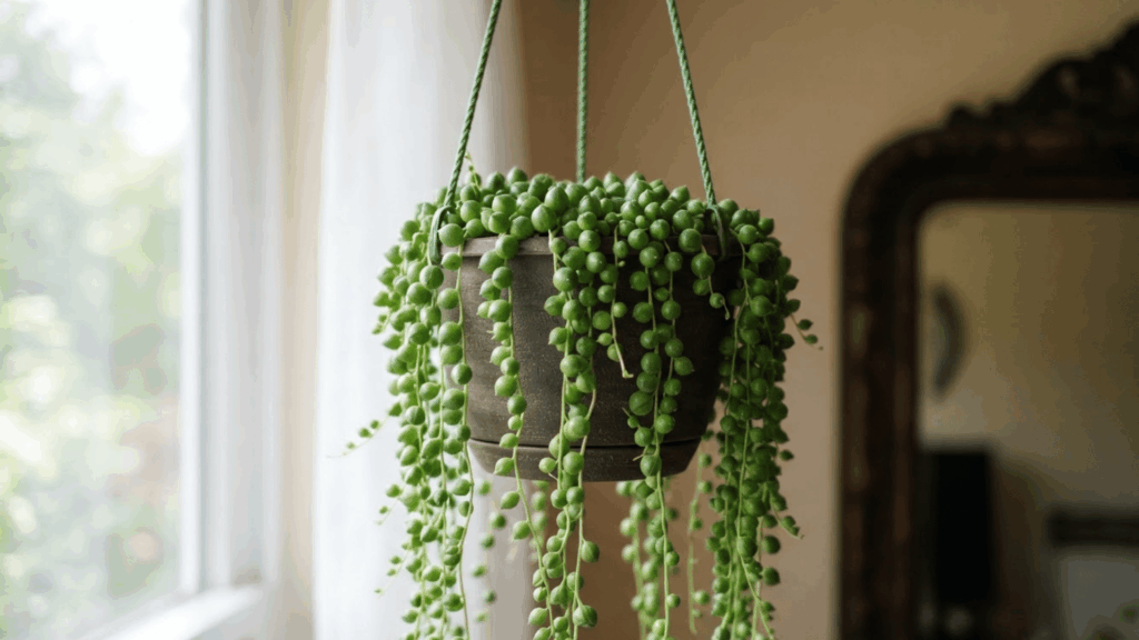 String of Pearls Care: How to Keep It Healthy lush string of pearls succulent cascading from a dark hanging pot beside a bright window in a softly lit room
