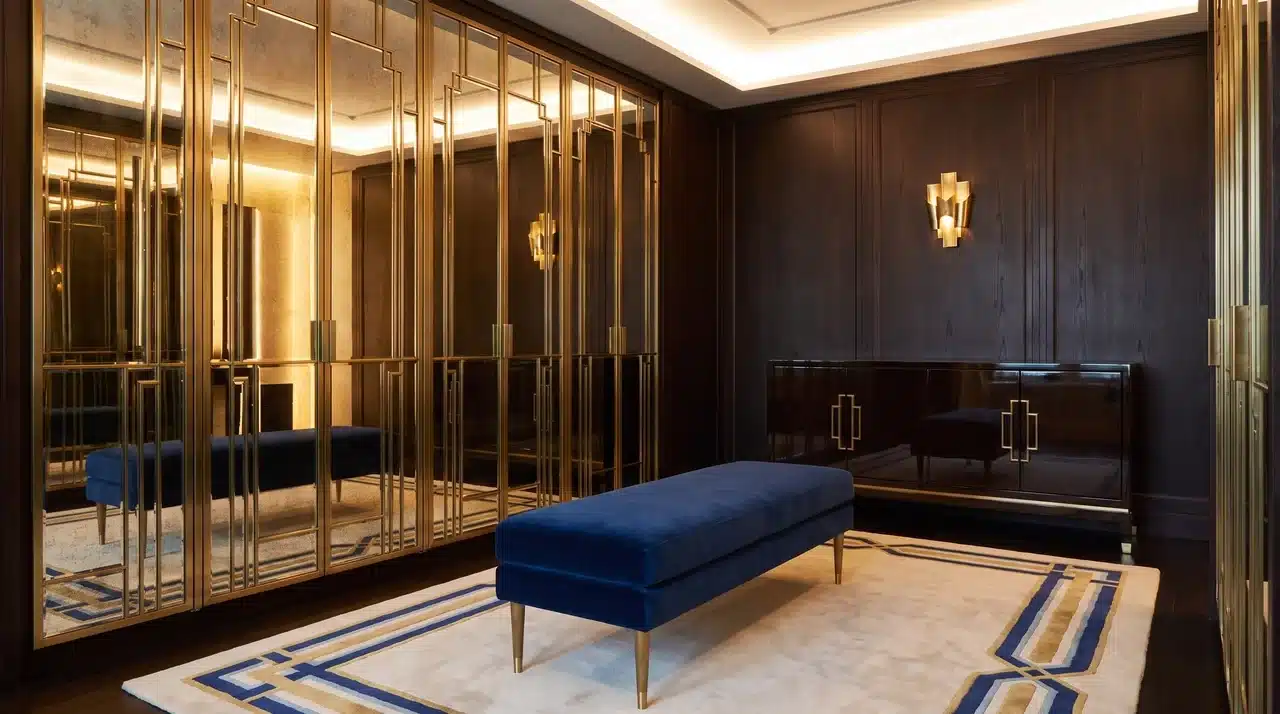 Art Deco dressing room with mirrored wardrobe, lacquered sideboard, brass sconce and sapphire velvet bench