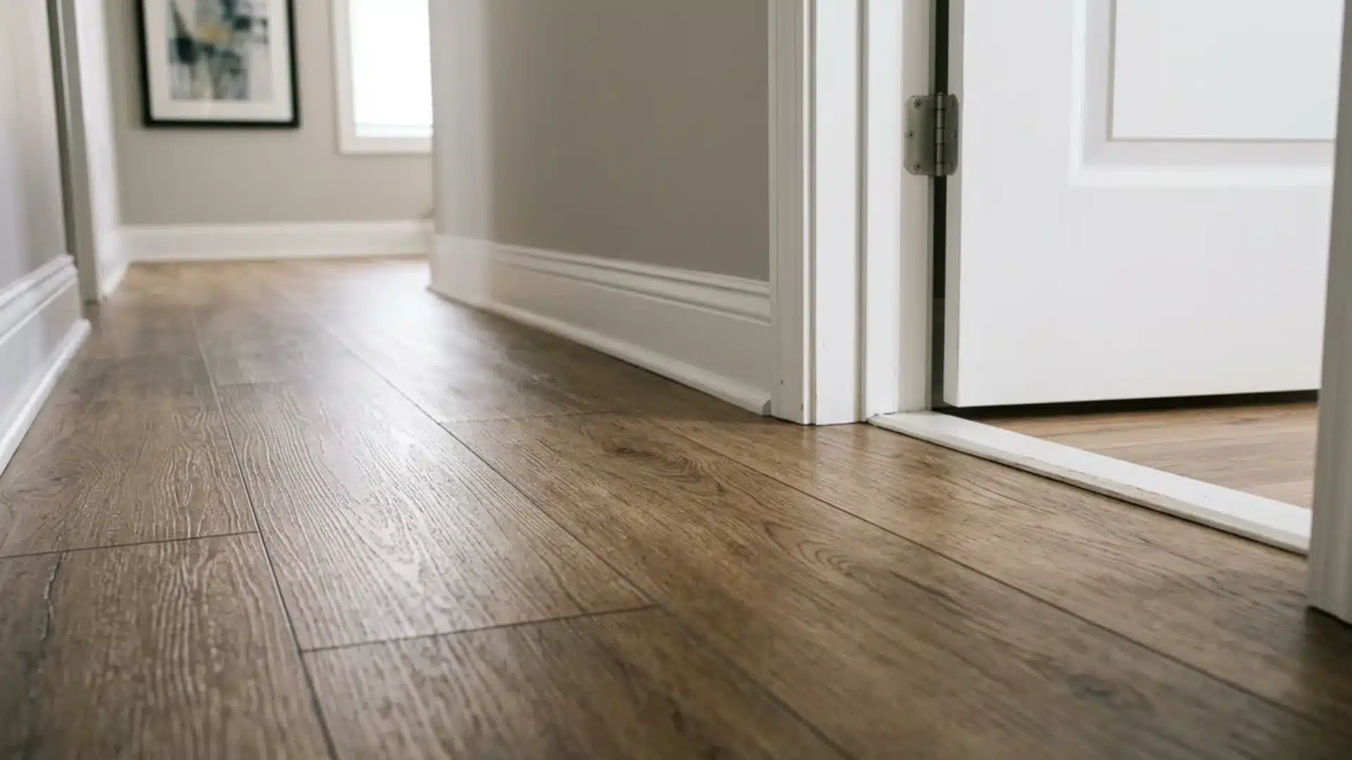 luxury vinyl plank flooring with wood look finish installed in a hallway near a doorway