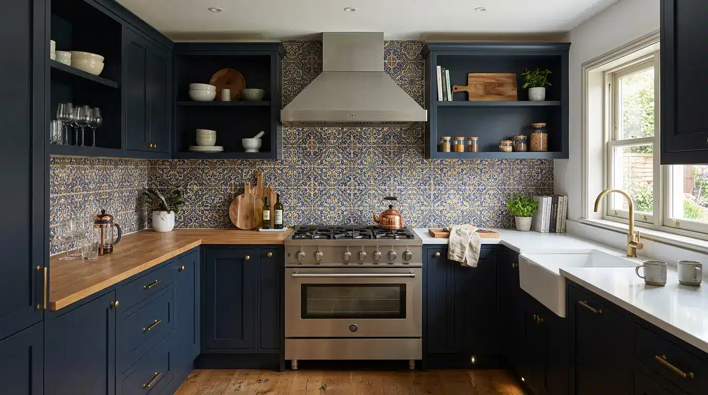 U-shaped kitchen with bold backsplash creating a decorative focal point
