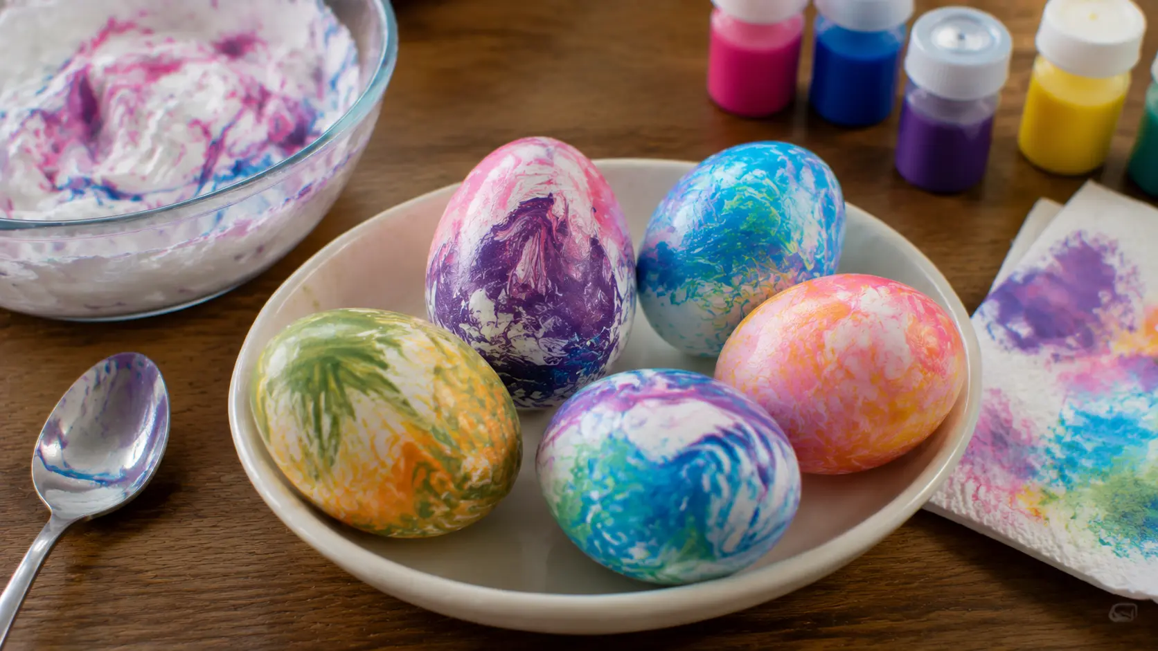 Marbled Easter eggs with colorful patterns.