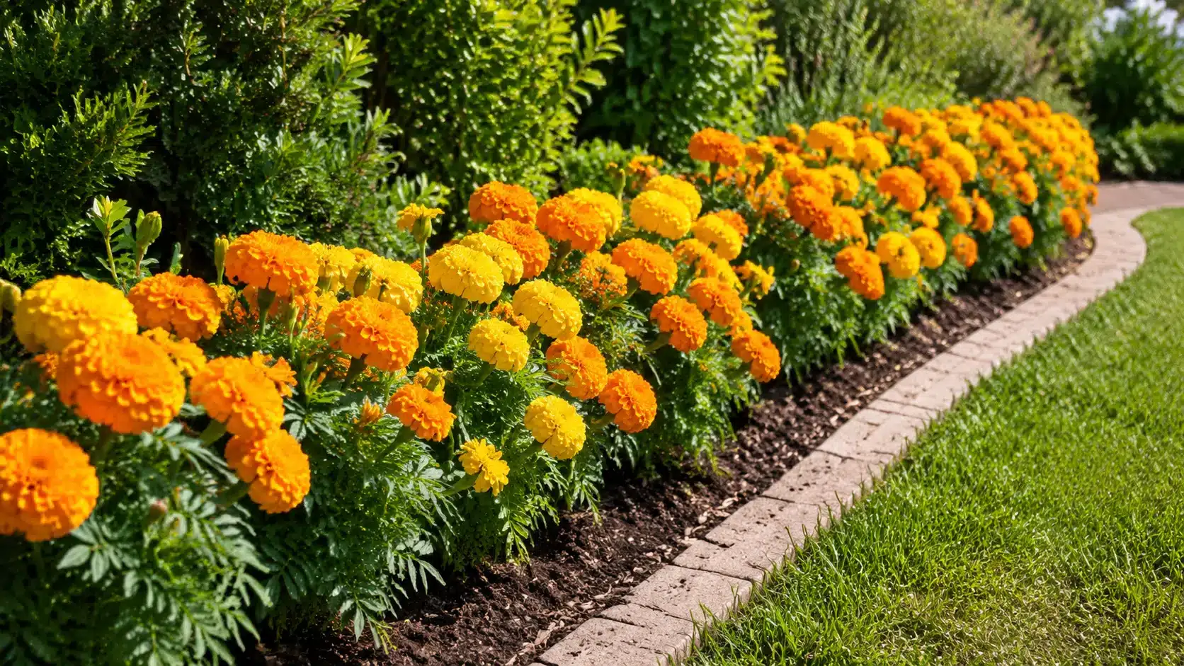 Orange and yellow marigolds flowering along a sunny garden border.